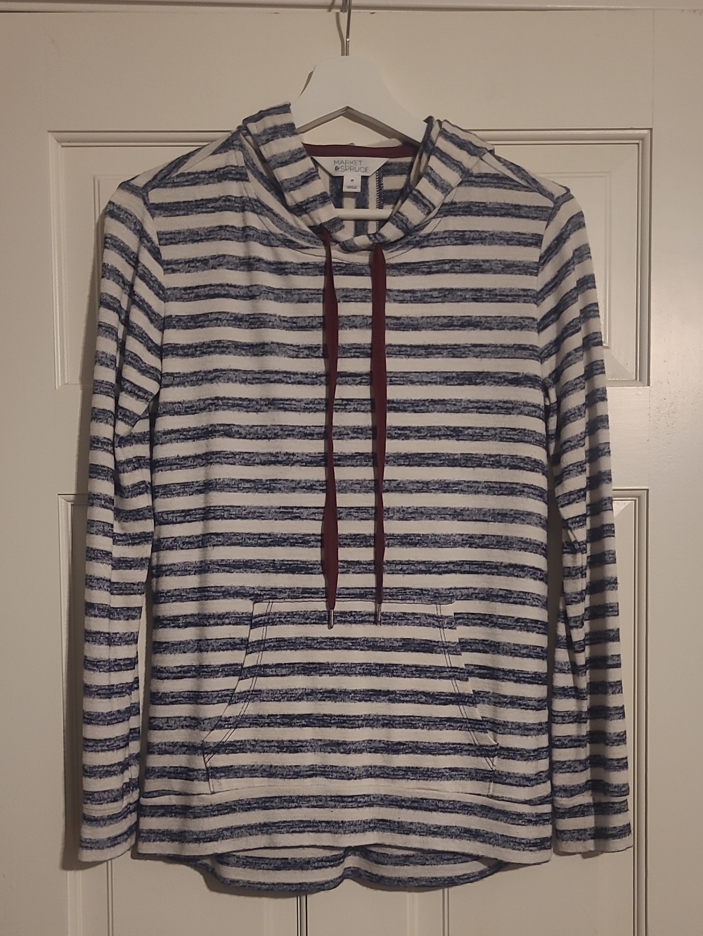 Market & Spruce Navy and White Striped Hoodie with Maroon Drawcord